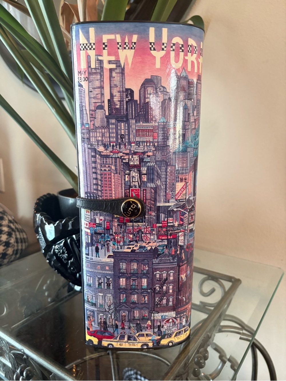 New York City Printed Cylinder Shoulder Bag – Pink/Blue Cityscape